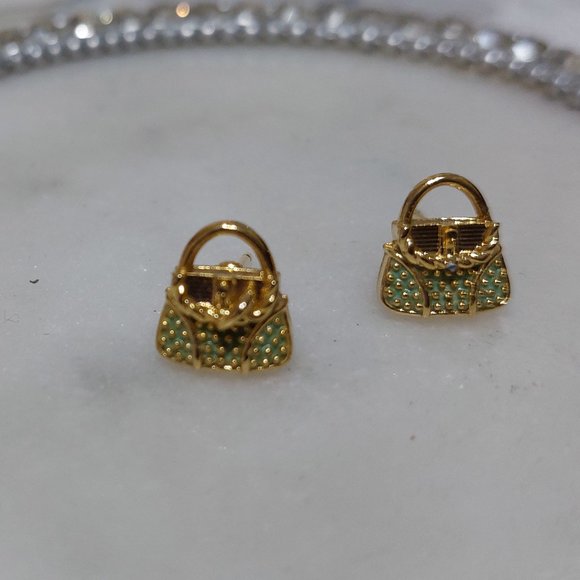Gold Tone Green Super Cute Mini Suitcase Handbag Stud Earring - Picture 2 of 3